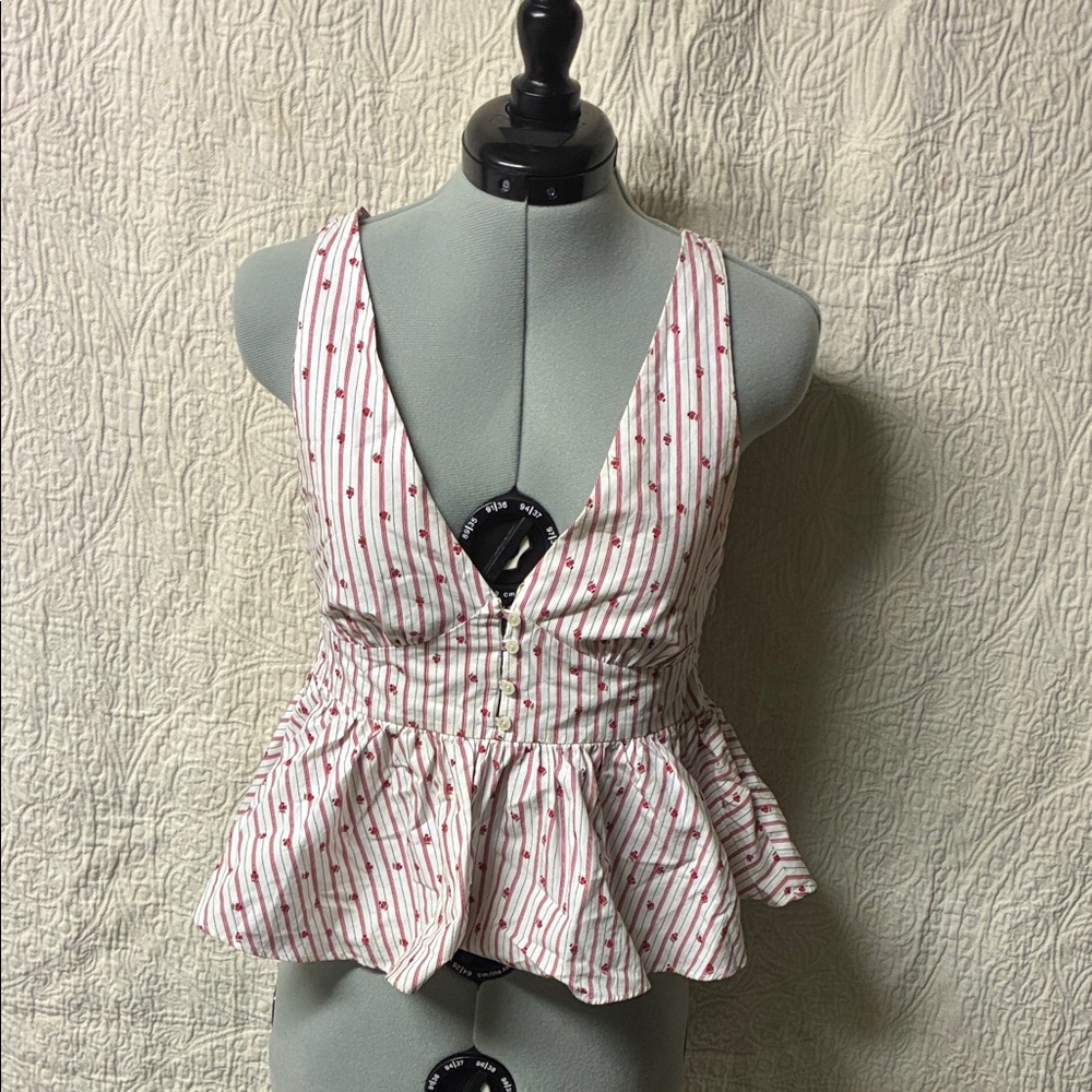 Zara White and Red Striped Peplum Blouse